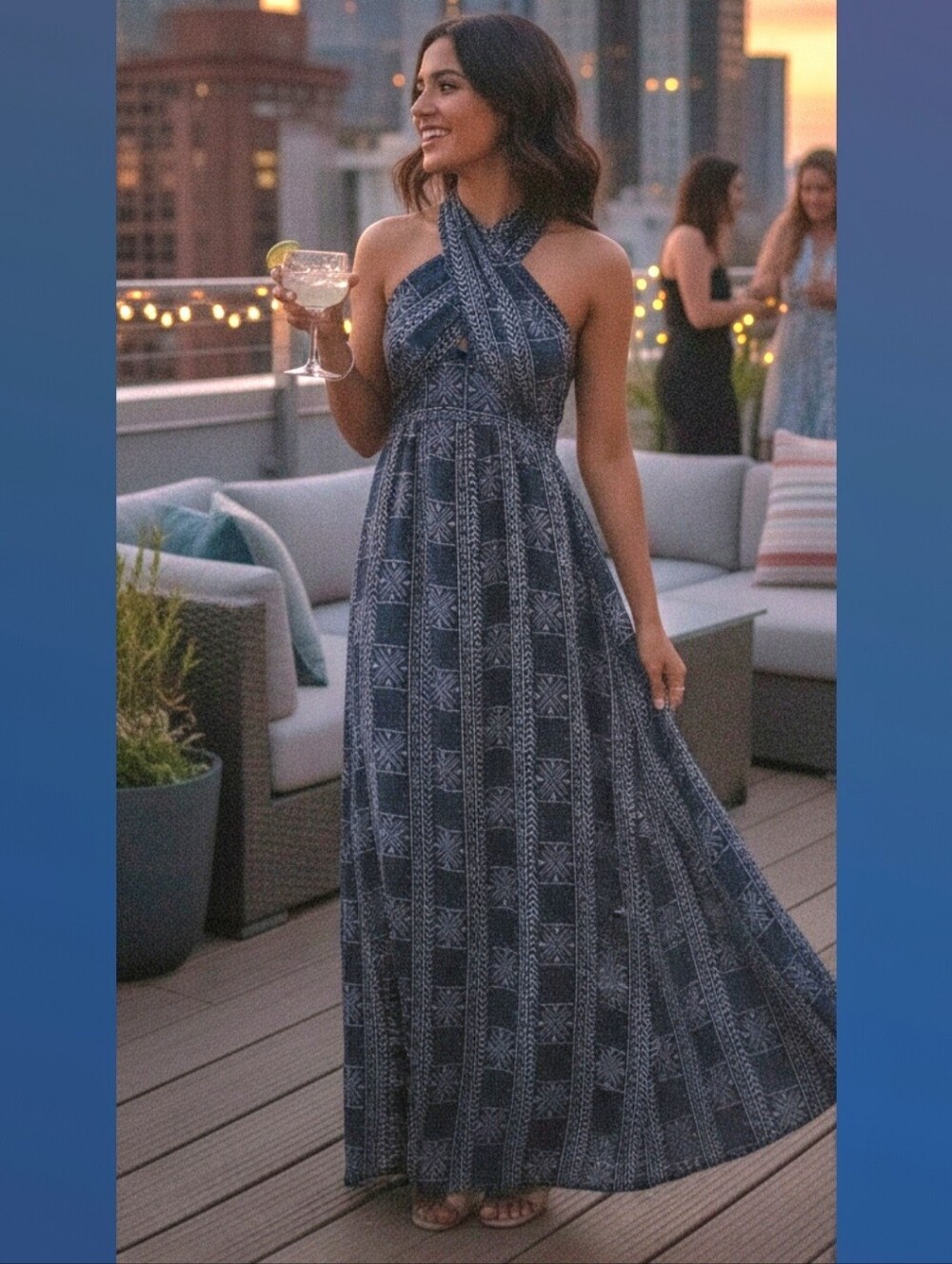 ⚡️Free People Navy Blue Patterned Maxi Dress
